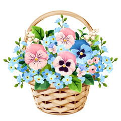 Pink and blue pansy and forget-me-not flowers bouquet in a basket isolated on a whtie background. Vector illustration