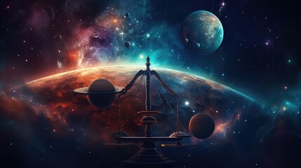 A lone satellite orbits through the dark cosmos, gazing upon a distant, blue Earth under a sky filled with countless stars, illustration symbolizing justice to commemorate the day of justice