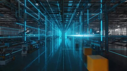 Futuristic abstract AI neural network visuals blueprint warehouse layout. timelapse footage of parcels configuration. Data overlays electric lines, packages data flows. single parcel’s journey - Powered by Adobe