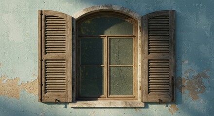 Fototapeta premium Old Window with Open Shutters on Weathered Wall Exterior