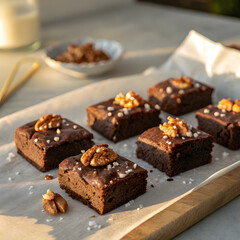 Brownies with walnuts and sea salt on top, arranged in a neat row on parchment paper, golden hour lighting highlighting the texture and ingredients.