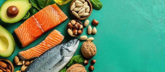Fototapeta premium Selection of Healthy Fats Fish Salmon Avocado Nuts and Olive Oil on a Green Background