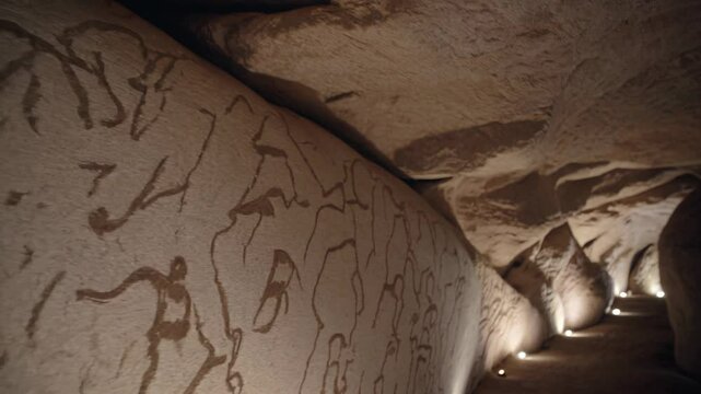 Stone corridor with minimalistic ancient carvings of humans and animals illuminated by ground lights

