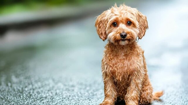 Adorable Wet Dog Sitting Outdoors After Rain A Cute Brown Puppy Posing