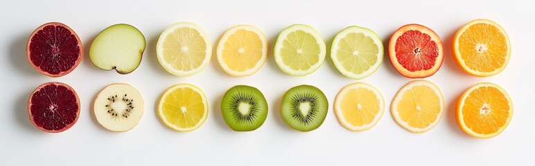 Obraz premium Fresh fruits and vegetables arranged artistically in overhead view with soft diffused light, vibrant colors and f/5.6 aperture