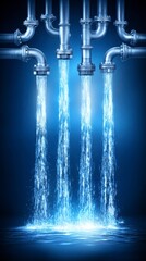Pipes Releasing Streams of Bright Blue Water in a Dynamic Industrial Setting with an Abstract Background