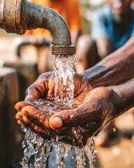 Person Collecting Fresh Water from a Community Tap with Hands in a Rural Outdoor Setting
