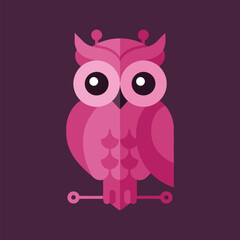 A stylized pink owl illustration with geometric shapes, perched on a branch against a dark purple background.