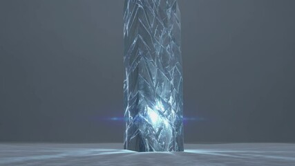 Tall crystal pillar with glowing blue light emerging from icy surface in minimal sci-fi scene - Powered by Adobe