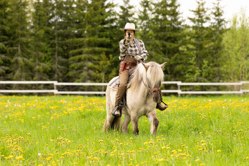 Cowgirl riding on horse (Icelandic horse). Green meadow and trees