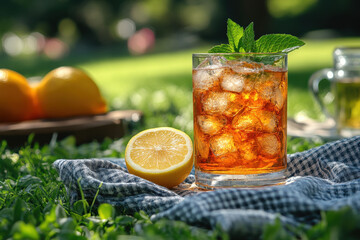 Fototapeta premium Iced tea with lemon slice in a glass.