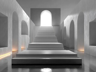 Grand Staircase with Symmetrical Arches and Dramatic Light - Monumental Architectural Space