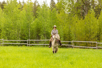 Cowgirl riding on horse (Icelandic horse). Green meadow and trees