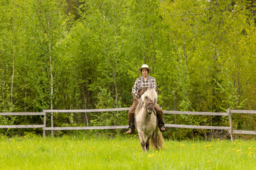 Cowgirl riding on horse (Icelandic horse). Green meadow and trees
