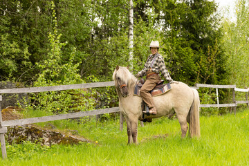 Cowgirl riding on horse (Icelandic horse). Green meadow and trees