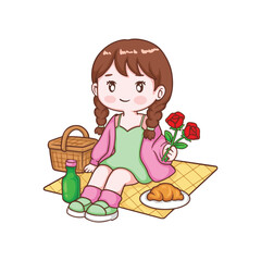 Illustration of a Cute Girl Having a Picnic with a Flower