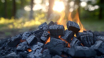 Burning charcoal briquettes in a fire pit, with sunlight