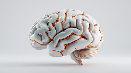 A sleek and modern 3D brain icon set against a clean white background, designed with smooth surfaces, subtle shading, and soft teal and orange accents. Generative AI