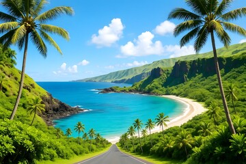 Scenic Tropical Coastal Road with Palm Trees and Turquoise Ocean under Blue Sky