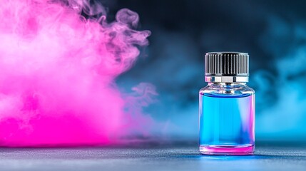 Blue Perfume Bottle with Pink and Blue Smoke on Dark Background