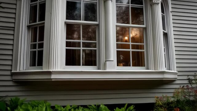 Exterior of home with ornate white window frames and bay window design reflecting the daylight