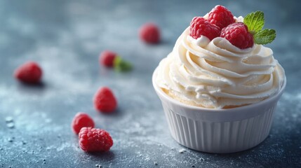 Close-up of a delicious creamy vanilla dessert topped with fresh raspberries and mint leaves in a white cup on textured surface with scattered berries for dessert lovers