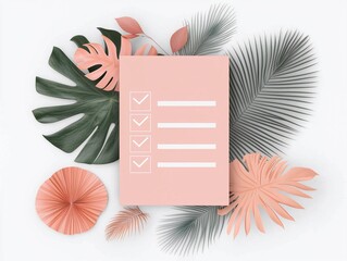 Blush Pink Checklist on White Background with Tropical Leaves