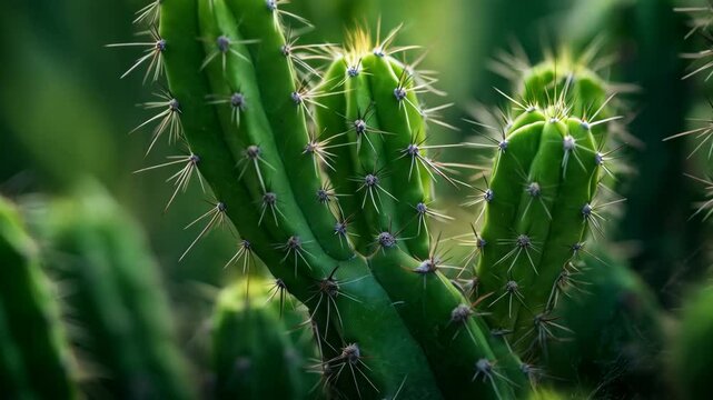 Close-up of vibrant green cactus plants with sharp needles and soft bokeh background of the desert flora in natural light.