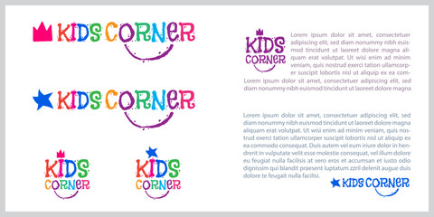 Playful Kids Corner Logo and Lettering Set, Vibrant Cartoon Kids Zone Typography and Badge. Happy Kids Corner Logo Design. Hand-Drawn Style Kids Corner icon. Fun Child Care and Playroom Vector.