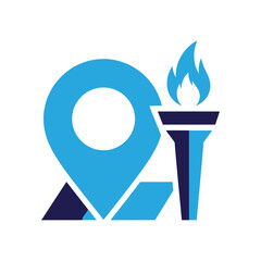 A stylized graphic featuring a location pin and a flaming torch.