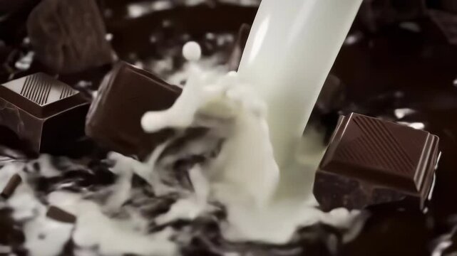 Slow Motion Chocolate Splash with Milk Pouring into Glass Bottle &ndash; Cinematic CGI Beverage Concept. chocolate milk mockup.
