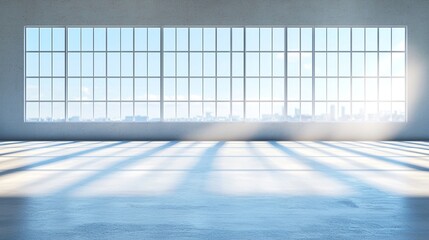 Bright Empty Modern Studio Room with City View and Sunlight Beams