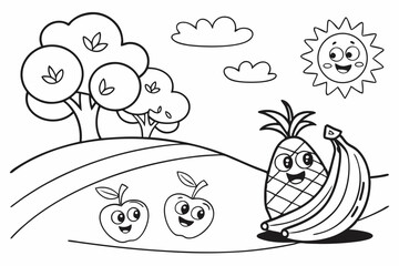kids coloring page, fruits, cartoonish, friendly, thick outlines, no color