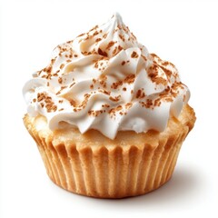 Close-up of a delicious vanilla cupcake topped with whipped cream and cocoa powder, showcasing a sweet dessert with soft sponge and creamy frosting on a white background