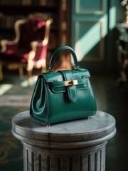 Luxury green leather handbag on marble pedestal
