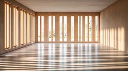 Bright Minimalist Room Interior with Sunlight Streaming Through Wooden Windows