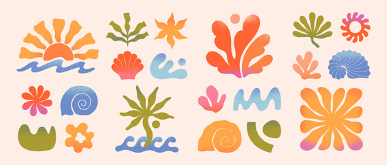 Summer abstract doodles,organic shapes and forms.Sea ocean waves,palm,seashells,sun.Groovy beach,surf club retro aesthetic.Elements in trendy style for banners,social media,branding,covers,prints