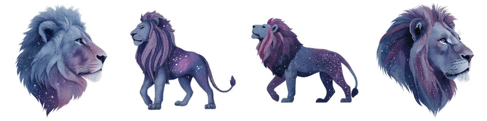 Majestic and ethereal watercolor lions in a dreamy cosmic palette, showcasing their strength, grace, and regal mane, ideal for artistic designs and nature-themed projects