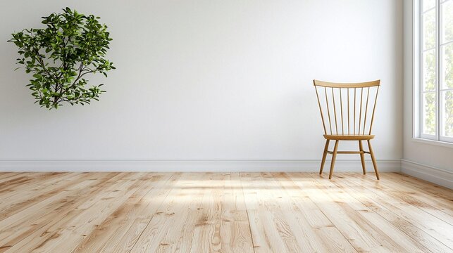 Fototapeta Bright Minimalist Room with Wooden Chair and Plant