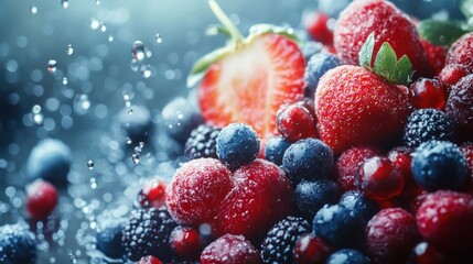 Assorted fresh berries including strawberries blueberries and raspberries with water droplets on a dark background for healthy eating and fruit concepts