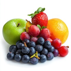 Assorted fresh fruit including green red strawberry orange grapes and lemon on a white background high resolution image