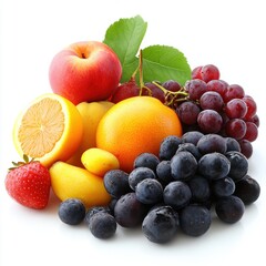 Assorted fresh fruits including orange lemon strawberry and various grapes assorted colorful healthy fruit bowl isolated on white background