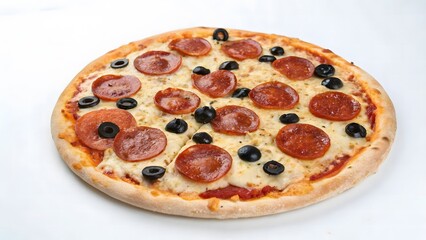 Classic Pepperoni and Black Olive Pizza Isolated on White Background