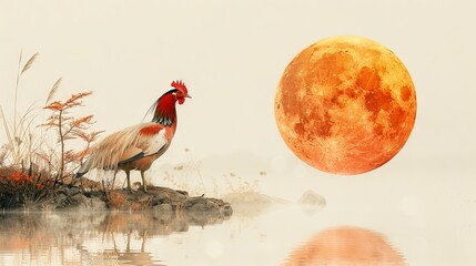 Rooster Under a Giant Orange Moon