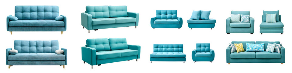Fototapeta premium Modern turquoise sofas in various designs showcasing comfort and style, ideal for contemporary living spaces or interior decor inspiration
