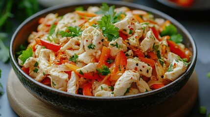 Chicken and bell pepper salad in a bowl