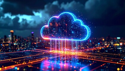 Neon cloud hovers over glowing city