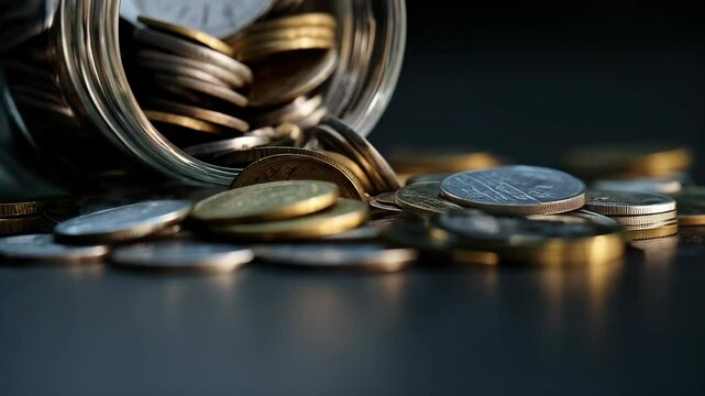 Pile of gold and silver coins spilling from glass jar with blurred clock inside on a dark surface, representing savings and financial planning