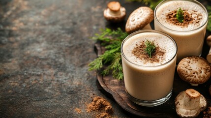 Delicious creamy mushroom cappuccino latte topped with fresh herbs and cocoa powder served in glasses with whole mushrooms and greenery on rustic surface