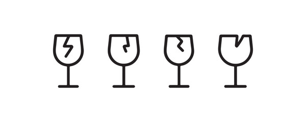 Broken wine glass icons: set of four unique crack patterns.
